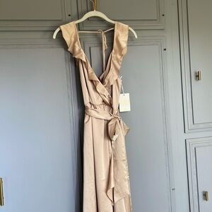 Show me your mumu Samantha ruffle wrap dress in champagne luxe satin